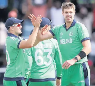  ??  ?? APPLE OF THEIR IRE Rankin, right, is hailed after taking the wicket of Wallace en route to Irish result