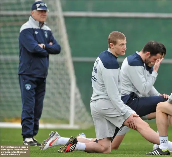  ??  ?? Giovanni Trapattoni keeps a close eye on James Mcclean during an Ireland training session in February