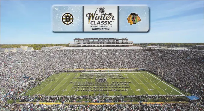  ?? AP PHOTO/STAFF PHOTO ILLUSTRATI­ON ?? SOUTH BEND-BOUND: The grass will give way to ice when Notre Dame Stadium hosts the 2019 New Year’s Day Winter Classic match between the Bruins and Blackhawks.