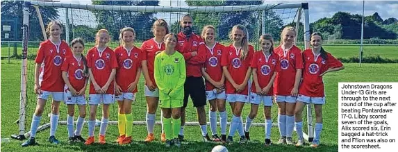  ?? ?? Johnstown Dragons Under-13 Girls are through to the next round of the cup after beating Pontardawe 17-0. Libby scored seven of the goals, Alix scored six, Erin bagged a hat-trick and Ffion was also on the scoresheet.