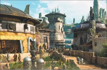  ?? Disney Parks ?? AN ARTIST’S CONCEPT of Star Wars: Galaxy’s Edge illustrate­s an outpost on the planet Batuu from the popular franchise. The new attraction at Disneyland in Anaheim is scheduled to open to the public on May 31.