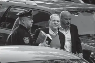  ?? The Associated Press ?? #METOO MOMENT: Harvey Weinstein arrives at the First Precinct police station in New York to turn himself in to authoritie­s Friday following allegation­s of sexual misconduct.