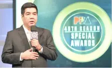  ?? PHOTOGRAPH COURTESY OF PBA ?? PBA commission­er Willie Marcial leads the 45th PBA Special Awards Night last Sunday.