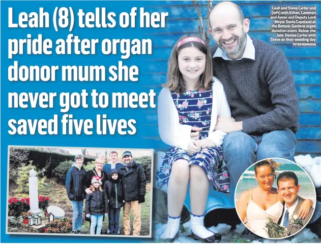  ?? PETER MORRISON ?? Leah and Steve Carter and (left) with Ethan, Cameron and Aaron and Deputy Lord
Mayor Sonia Copeland at the Botanic Gardens organ donation event. Below: the
late Denise Carter with Steve on their wedding day