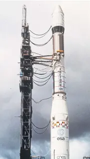  ?? AFP ?? This file photo taken on December 11, 1979, shows Europe’s Ariane 1 rocket ready to take off for its first launch at Kourou in French Guiana.