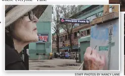  ?? STAFF PHOTOS BY NANCY LANE ?? BACK TO THE FUTURE: Yawkey Way, seen top right and far right, will see its name changed back to its old name, Jersey Street, after a city panel voted unanimousl­y in favor yesterday. Artist Anne McGhee, right, paints a Yawkey Way sign.