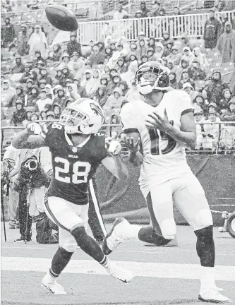  ?? NICK WASS THE ASSOCIATED PRESS ?? Baltimore Ravens wide receiver Michael Crabtree, right, gets ready to pull in a touchdown pass as Buffalo Bills defensive back Phillip Gaines looks on during the first half Sunday. The Bills had a rought start to the season.