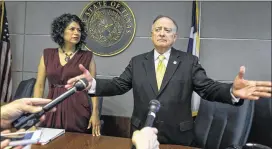  ?? RODOLFO GONZALEZ / AMERICAN-STATESMAN ?? State Reps. Carol Alvarado, D-Houston(left), and Dan Flynn, R-Canton, co-chairs of the House Select Committee on Transparen­cy in State Agency Operations, speak following their committee’s 7-1 vote inAustin on Monday.