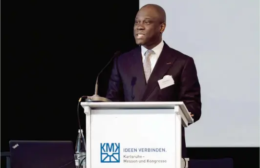  ??  ?? Group CEO, Access Bank Plc, addressing delegates at the Global Sustainabl­e Finance Conference 2017 in Karlsruhe, Germany