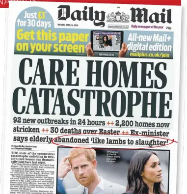  ?? CAPTURE ÉCRAN DAILY MAIL ?? Le quotidien britanniqu­e Daily Mail a qualifié la situation de « catastroph­e » dans les résidences et centres de soins pour personnes âgées britanniqu­es.