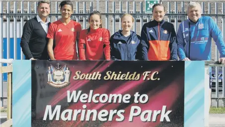  ?? ?? Left to right: David Mitchell (South Shields’ commercial director), Victoria Williams, Lucy Staniforth (Sunderland Ladies captain), Suzanne Davis (physio), Melanie Reay (Sunderland Ladies head coach) and Graham Fenton (South Shields’ first team manager).