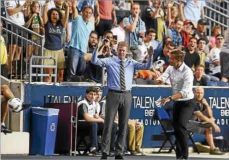  ?? PETE BANNAN — DIGITAL FIRST MEDIA ?? Ah, who could forget the scene at Talen Energy Stadium a year ago June 29, when Red Bulls coach Jesse Marsch spiked a soccer ball in front of Union coach Jim Curtin at the end of a come-from-behind 2-1, Union victory over the hapless Bulls in the 2016...