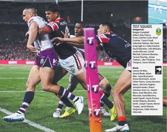  ?? Picture: GETTY IMAGES ?? Latrell Mitchell manhandles Storm opposite number Will Chambers in Sunday’s grand final, earning a Kangaroos jersey in the process.