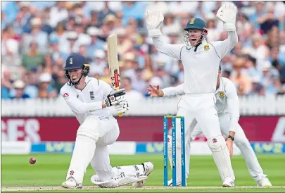  ?? ?? Zak Crawley is bowled LBW by South Africa’s Keshav Maharaj on Friday