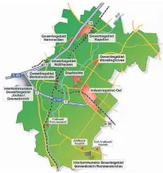  ?? GRAFIK: ARCHIV ?? Grevenbroi­ch, Jüchen und Rommerskir­chen können den Strukturwa­ndel nur dann bewältigen, wenn es neue Gewerbeflä­chen gibt.