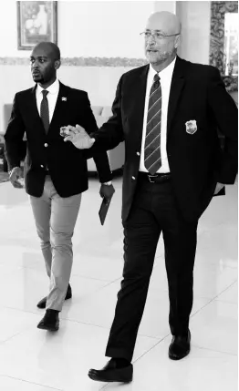  ?? RICARDO MAKYN/CHIEF PHOTO EDITOR ?? Recently elected Cricket West Indies President Rickey Skerritt (right) arrives for the organisati­on’s annual general meeting and election at The Jamaica Pegasus hotel on Sunday, March 24. With him is new VP Dr Kishore Shallow.