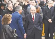  ?? Arnold Gold / Hearst Connecticu­t Media ?? Sen. Martin Looney, center, president pro tempore of the state Senate, speaks with Sen. Len Fasano, back to camera, after the swearing in ceremony for Gov. Ned Lamont in Hartford on Jan. 9.