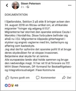  ??  ?? Steen Petersens kontrovers­ielle udmelding på Facebook.