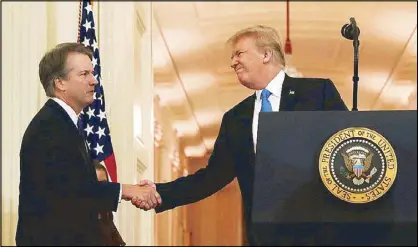  ?? REUTERS ?? US President Donald Trump introduces his Supreme Court nominee, judge Brett Kavanaugh, at the White House on Monday.