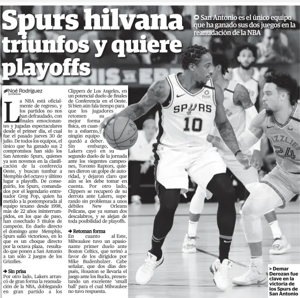  ??  ?? > Demar Derozan fue clave en la victoria de los Spurs de San Antonio