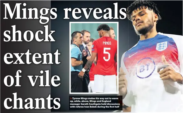  ??  ?? > Tyrone Mings makes his way out to warm up, while, above, Mings and England manager Gareth Southgate hold discussion­s with referee Ivan Bebek during the first half