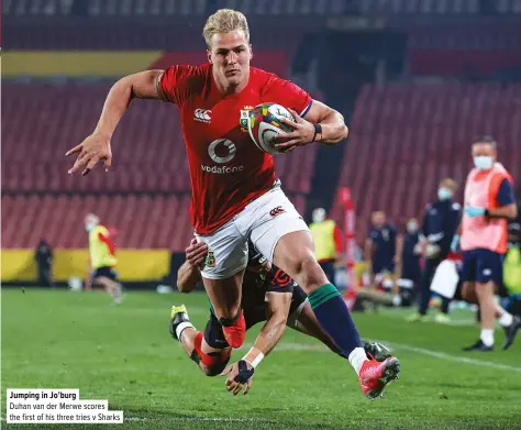  ??  ?? Jumping in Jo’burg
Duhan van der Merwe scores the first of his three tries v Sharks