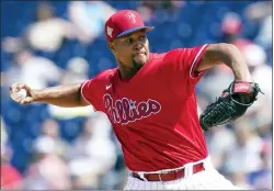  ?? LYNNE SLADKY — ASSOCIATED PRESS ?? Phillies reliever Jeurys Familia throws a pitch during the fifth inning against the Yankees on Friday in Clearwater, Fla. Familia gave up a run in his inning of work, but the Phillies beat the Yankees, 6-5, as Matt Vierling drove in three runs.