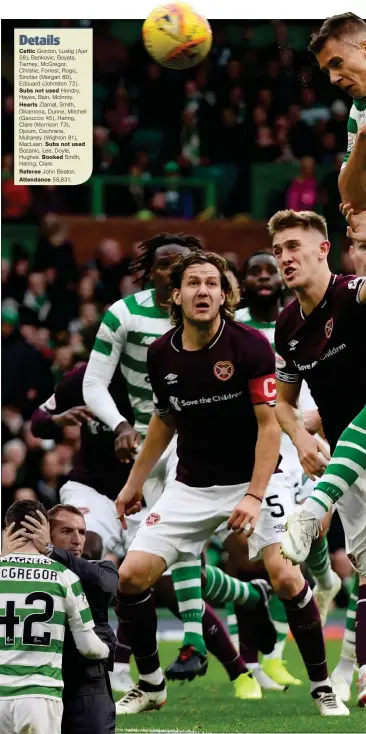  ??  ?? Filip Benkovic rises highest to score his first goal for Celtic, while Callum McGregor (left) pulled the strings and James Forrest (above) also netted