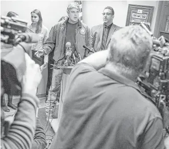  ?? Joel Bissell / Muskegon Chronicle ?? Randall Margraves addresses the media about his actions of rushing toward Larry Nassar during the second day of his sentencing in Eaton County at Grewal Law office in Okemos, Mich., on Friday. Eaton County Judge Janice Cunningham said there was “no...