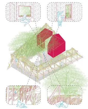  ?? DISEGNO DI ELENA TALIANO ?? Progetto per una tree house terapeutic­a a supporto di strutture sanitarie: una soluzione pensata per offrire spazi di decongesti­one e cura nella natura. Volumi sospesi tra gli alberi ospitano uno spazio privato e intimo per la notte e uno più aperto per le attività quotidiane. Il sistema dei volumi e la lunga rampa che permette di accedervi consentono un contatto diretto e costante con le rigenerant­i frequenze della natura.