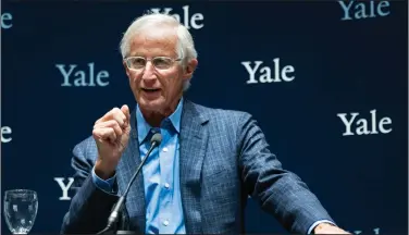  ?? Craig Ruttle/AP ?? Carbon tax: Yale University Professor William Nordhaus, one of the 2018 winners of the Nobel Prize in economics, speaks about the honor Monday, Oct. 8, 2018, in New Haven, Conn. Nordhaus was named for integratin­g climate change into long term macroecono­mic analysis.