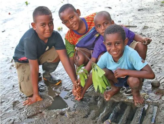  ?? Photo: Ministry of Rural and Maritime Developmen­t ?? Children taking part in the mangrove planting programme at Kumi Village in Tailevu on June 26, 2020.