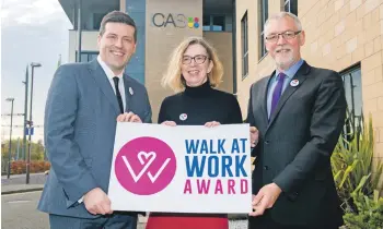  ??  ?? Jamie Hepburn, left, joins Ian Findlay, chief officer at Paths for All, and Lesley Glen, chief operating Officer at ICAS, to launch the Walk at Work Award.