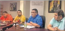  ?? PHOTO BY EVAN CAREEN ?? From left, Innu Nation land claim negotiatin­g team member David Nuke, Innu Nation Deputy Grand Chief Etienne Rich, Innu Nation Grand Chief Gregory Rich and land claim negotiatin­g team member Peter Penashue speak to reporters Thursday.