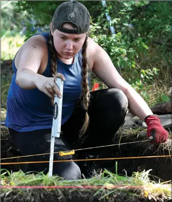  ?? NWA Democrat-Gazette/J.T. WAMPLER ?? University of Arkansas archaeolog­y student Madison Atchley measures a level June 14 at the Leetown hamlet site at Pea Ridge National Military Park. Members of the Arkansas Archeologi­cal Survey led students in the excavation of the site that served as a...