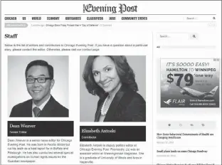  ?? Canadian Press photo ?? The masthead page from a fake newspaper called the Chicago Evening Post is shown in a screengrab. The photo of “senior editor Dean Weaver” is actually a headshot of current Calgary city councillor Sean Chu.