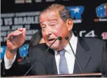  ?? LAS VEGAS REVIEW-JOURNAL FILE PHOTO ?? Promoter Bob Arum, shown before an April 2014 bout between his fighter, Manny Pacquiao, and Timothy Bradley, is livid with Floyd Mayweather Jr.’s adviser, Al Haymon, and the MGM Grand over details leading up to Saturday night’s megafight.