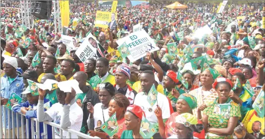 ?? — (Picture by Eliah Saushoma) ?? Part of the thousands of ZANU-PF supporters who thronged Somholo Stadium in Lupane, Matabelela­nd North Province, for a star rally that was addressed by the party’s First Secretary and President Cde Emmerson Mnangagwa yesterday. —(See more pictures on Page 7).