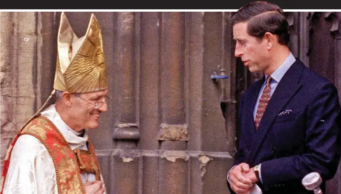  ??  ?? Close links: Peter Ball, then Bishop of Gloucester, with Prince Charles in 1992. The following year he went to live in a house rented from the Prince’s Duchy estate