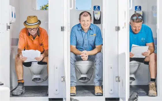  ?? Picture: JERAD WILLIAMS ?? Pete Thompson, general manager Peter Coryndon (centre) and Simon Butler (right) at Splashdown Event Services which has won a $10 million contract to supply portaloos at the Commonweal­th Games on the Gold Coast next year.