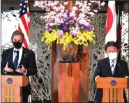  ?? (AP/Kazuhiro Nogi) ?? U.S. Secretary of State Antony Blinken (left) and Japan’s Foreign Minister Toshimitsu Motegi attend a joint news conference Tuesday after their two-plus-two security talks at Iikura Guest House in Tokyo.