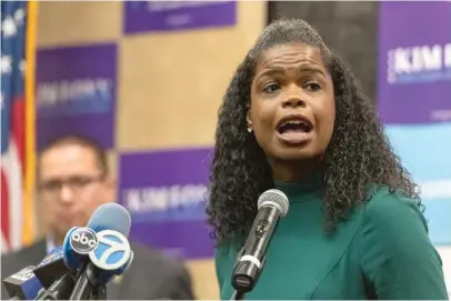  ?? TYLER LARIVIERE/SUN-TIMES ?? Cook County State’s Attorney Kim Foxx speaks with supporters and media at a February reelection rally.