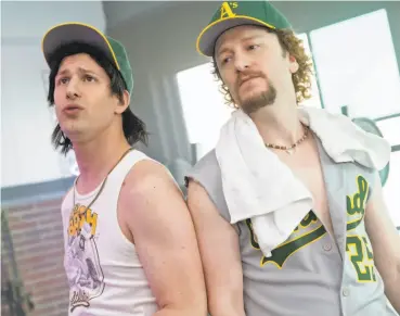  ??  ?? Top: Andy Samberg (left) and Akiva Schaffer portray Jose Canseco and Mark McGwire in “The Lonely Island Presents: The Unauthoriz­ed Bash Brothers Experience,” a 30-minute film streaming on Netflix. Samberg and Schaffer, left, make references to a number of East Bay locations in the film, which should please Bay Area fans.