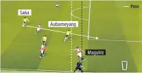  ??  ?? Aubameyang’s finish was wrongly ruled offside, with Harry Maguire clearly playing the Arsenal man onside. VAR ensured the goal was given.