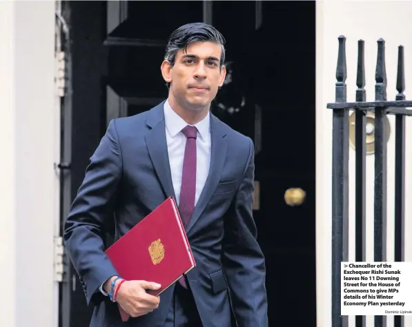  ?? Dominic Lipinski ?? Chancellor of the Exchequer Rishi Sunak leaves No 11 Downing Street for the House of Commons to give MPs details of his Winter Economy Plan yesterday