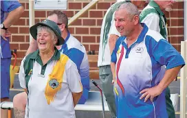  ??  ?? Sharing a laugh amongst locals as Warragul hosts Longwarry in division one are Pat Hammond of Warragul and Jason Lieshout of Longwarry. Jason got the last laugh as Longwarry won the rink 32/19.