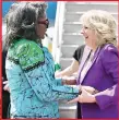  ?? Sabcnews) (Pic: ?? US First Lady Dr Jill Biden (R) being welcomed by a wellwisher as Namibia First Lady Monica Geingos (L) upon arrival in Namibia and will also travel to Kenya as part of her Africa tour.