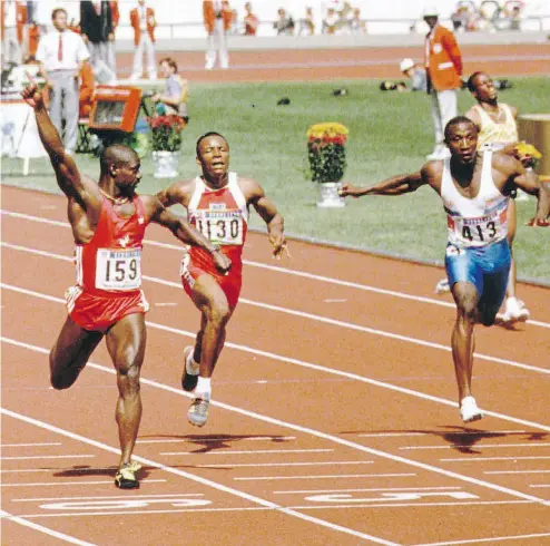  ?? STAN BEHAL / POSTMEDIA NEWS FILES ?? Ben Johnson crosses the finish line first in the 100 metres in Seoul on Sept 24, 1988.