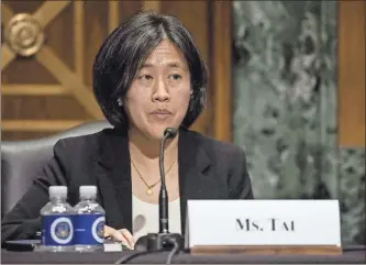  ?? Katopodis tasos/Pool/abaca Press/tns ?? U.S. Trade Representa­tive Katherine Tai is shown at her nomination hearing at the U.S. Capitol in Washington, D.C., on February 25. She and Chinese trade negotiator­s held a video call on Saturday.