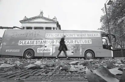  ??  ?? Pro-European Union, anti-Brexit campaigner­s from the “Our Future, Our Choice” youth movement for a “People’s Vote” on Brexit, launching the group’s campaign battle bus in London on November 17 last year. The campaign aims to highlight the youth feeling around Brexit. — AFP